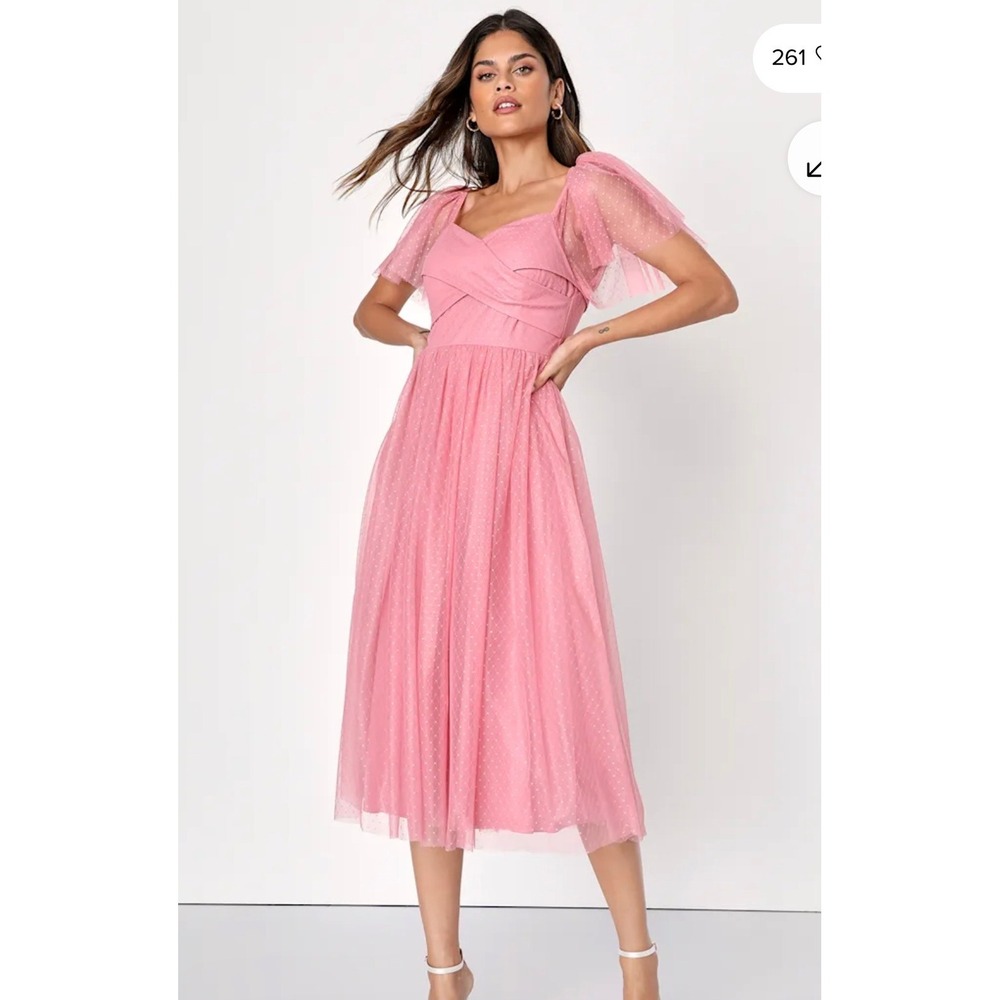 Lulus Adorable Confidence Rose Pink Mesh Swiss Dot Midi Dress XL HOCO Princess